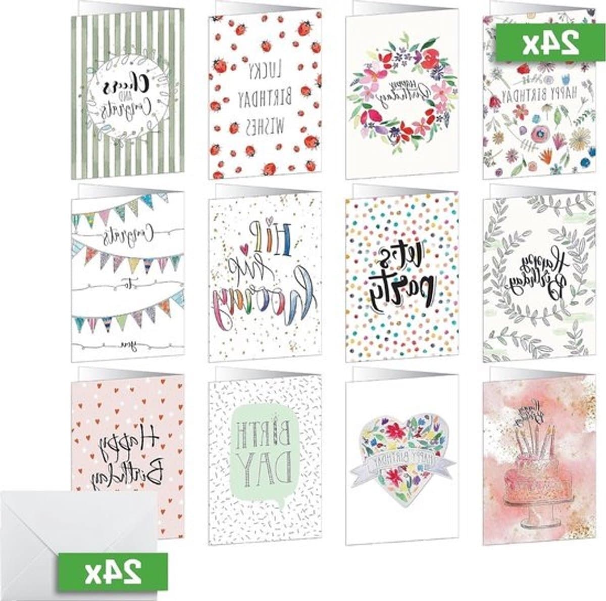 Verjaardagskaarten Set - Wenskaarten Kaarten - Felicitaties Versturen - 12 Verschillende Motieven - A6 24 stuks - Meerdere Kleuren