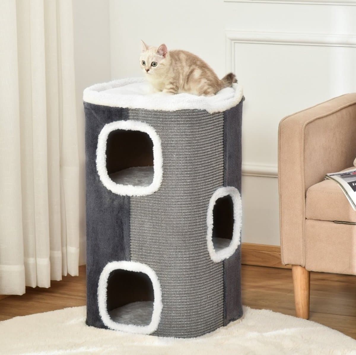 HAUSS SPOLE Krabton – 3 Niveaus – 40 x 40 x 74 cm – Polyester En Sisal – Grijs En Wit – Krabmeubel En Rustplek Voor Katten – Zonder Montage