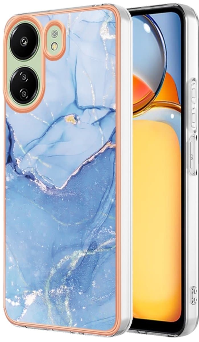 Voor Xiaomi Redmi 13C 4G Galvaniseren Marmer Dubbelzijdig IMD Telefoonhoesje (Blauw 018)
