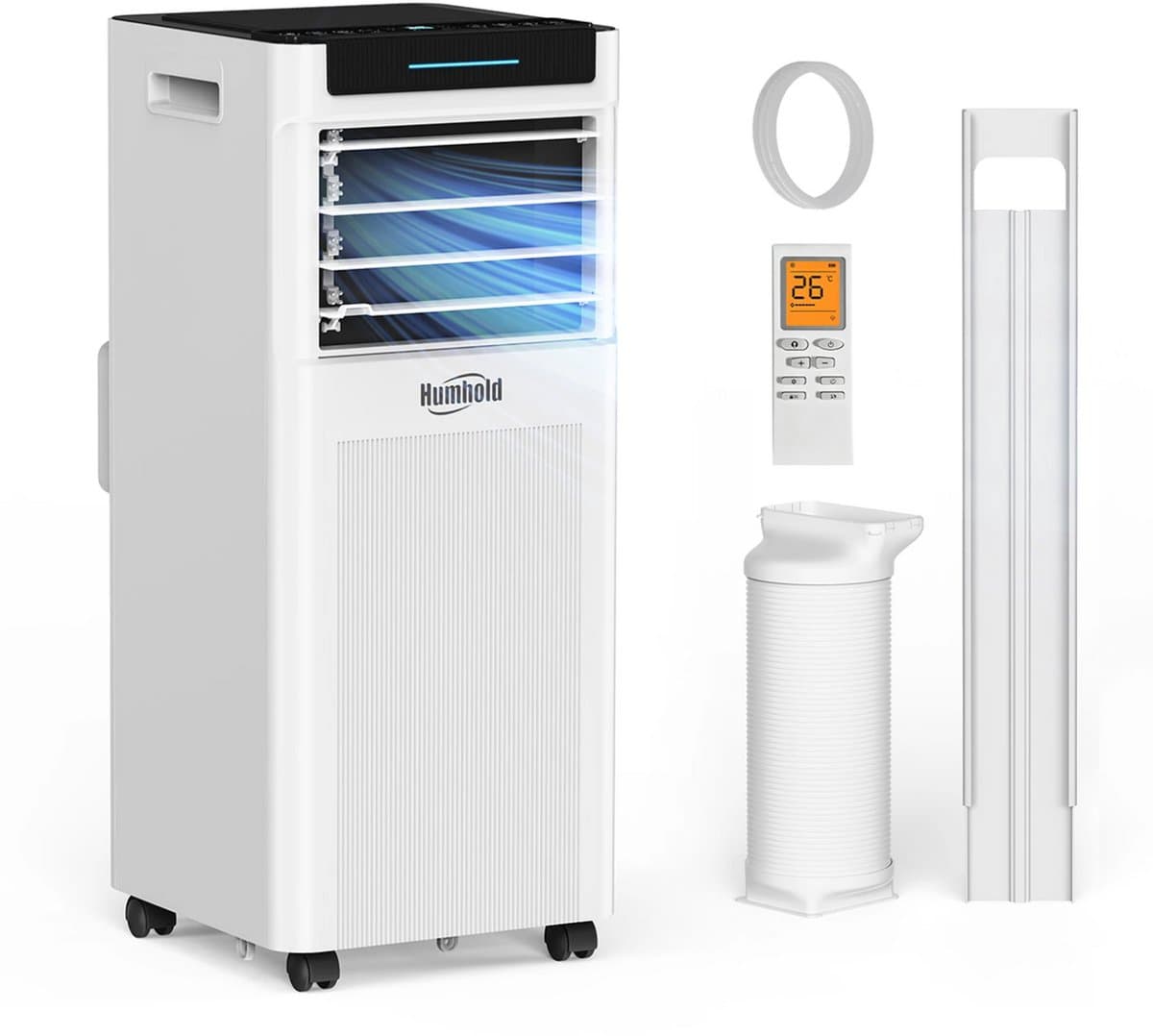 Humhold 9000 BTU Mobiele Airco, 2,6 kW 3-in-1 voor Ruimtes tot 30 m², 3 Standen: Koelen, Ontvochtigen en Ventileren, Stille Slaapmodus, 24-uurs Timer, Raamkit Inbegrepen