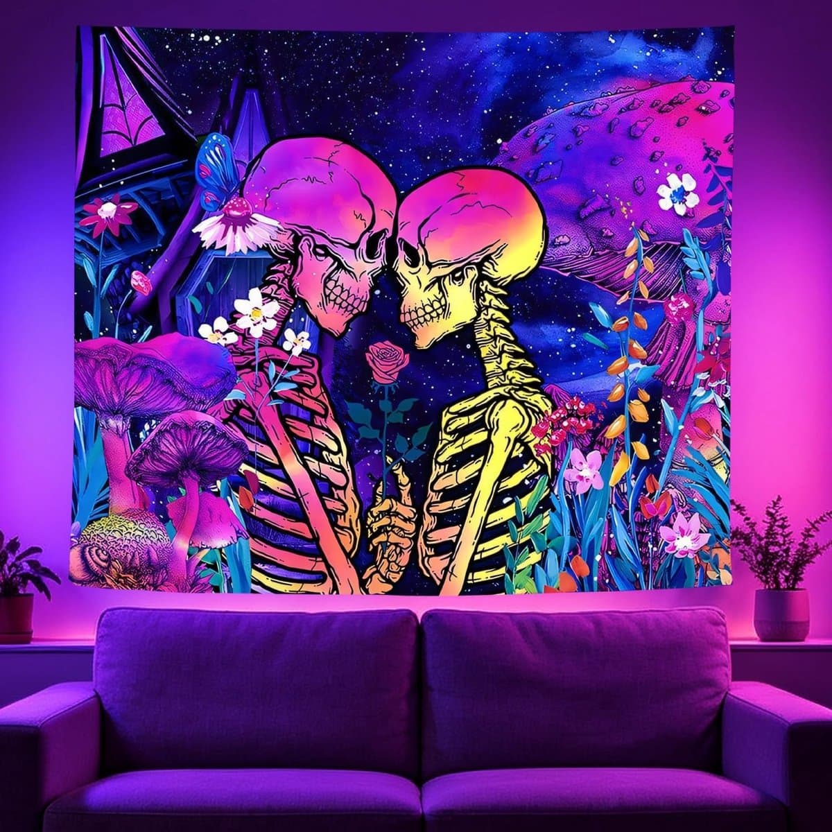 Zwartlicht skelet paar wandkleed, UV-reagerend en gloeiend in het donker, Halloween decoratie 130x150 cm, spookachtige muurversiering voor feesten