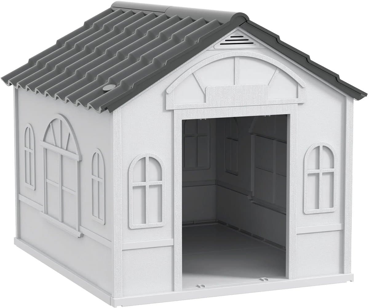 Archi Hondenhok – Hondenhuis - Hondenhok Buiten - Waterbestendig Kunststof Hondenhuis – Ventilatie – Grijs/Wit – 65 × 75,7 × 63 cm