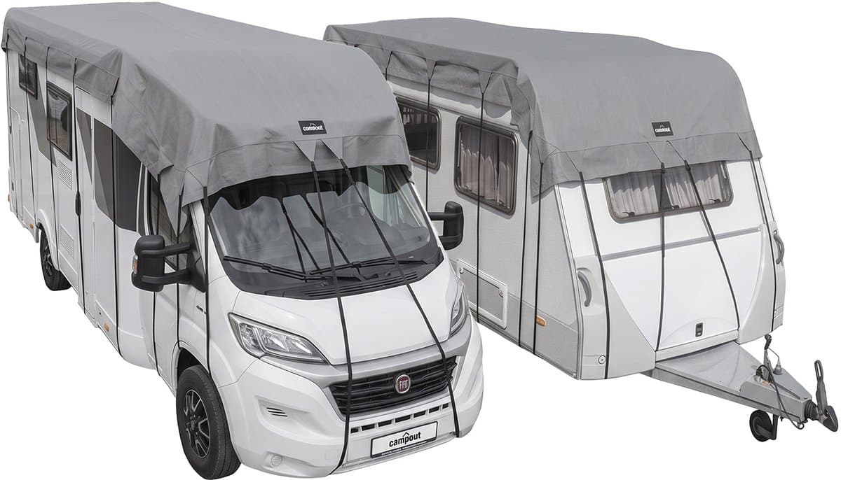 Campout Caravan- en camperdakhoes - 8,5 x 3 m - Afdekhoes - Camperhoezen - Dakhoes - Caravanhoes - Voor Caravan en Camper - Waterafstotend - Ademend 3-laags SFS non-woven PP, 160g/m² - 11 polypropyleen spanbanden - Inclusief Opbergtas - Grijs