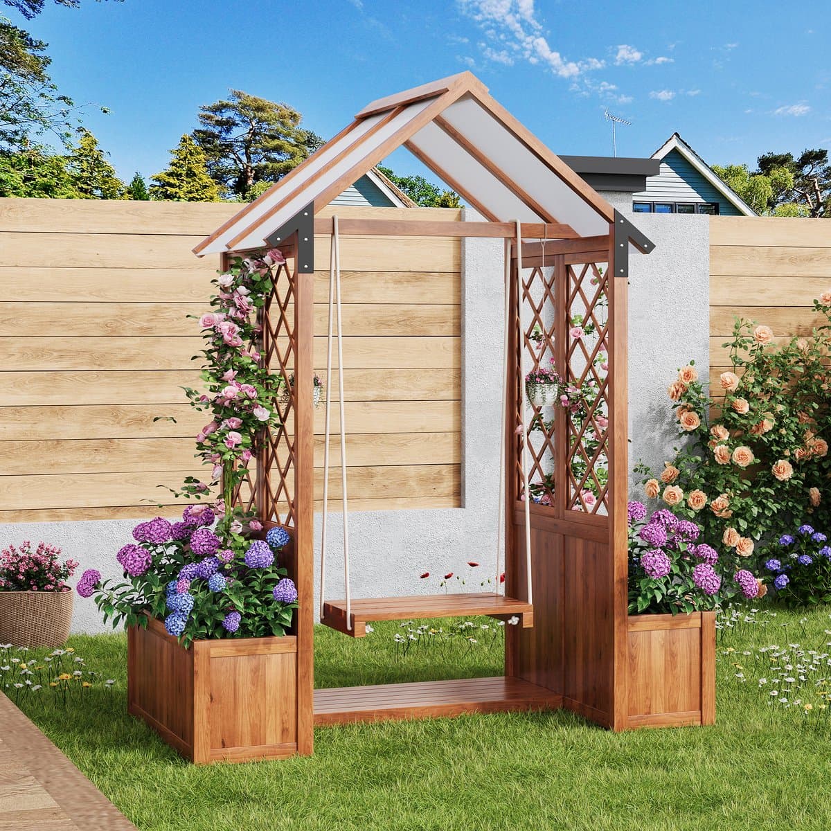 MODFU - Plantenbak Met Trellis En Schommel - Met Zonnedak - Voor Tuin Of Terras - Massief Dennenhout - Bruin - 163 X 142 X 70 Cm