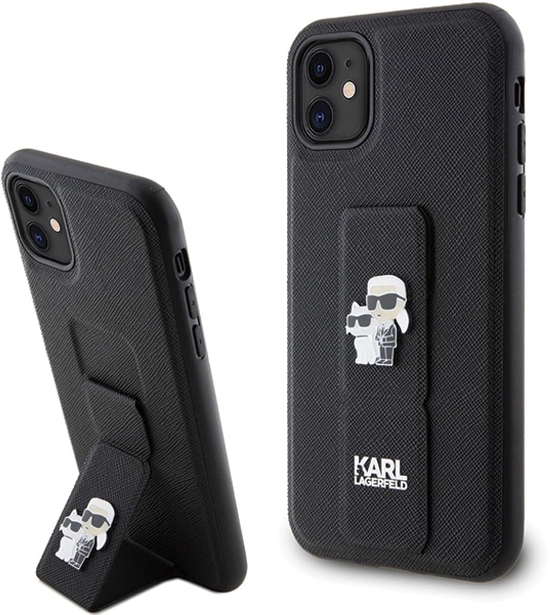 Karl - Lagerfeld - Gripstand Saffiano Karl&Choupette Pins hoesje voor iPhone - 11 / Xr - zwart