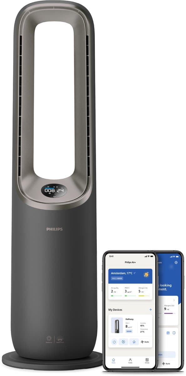 Philips 8000 Series Air Performer AMF870/15 - 3-in-1 Luchtreiniger, Ventilator & Verwarming - HEPA Filter - 270 m³/u - Donkergrijs - App Connected