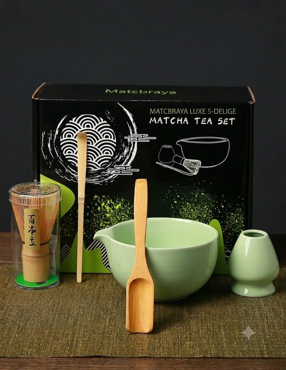 Luxe 4-Delige Japanse Matcha Theeset Licht Matcha Groen ( Pastelgroen ) – Handgemaakte Groene Kom & Bamboe Accessoires – Authentieke Theeceremonie voor Thuis