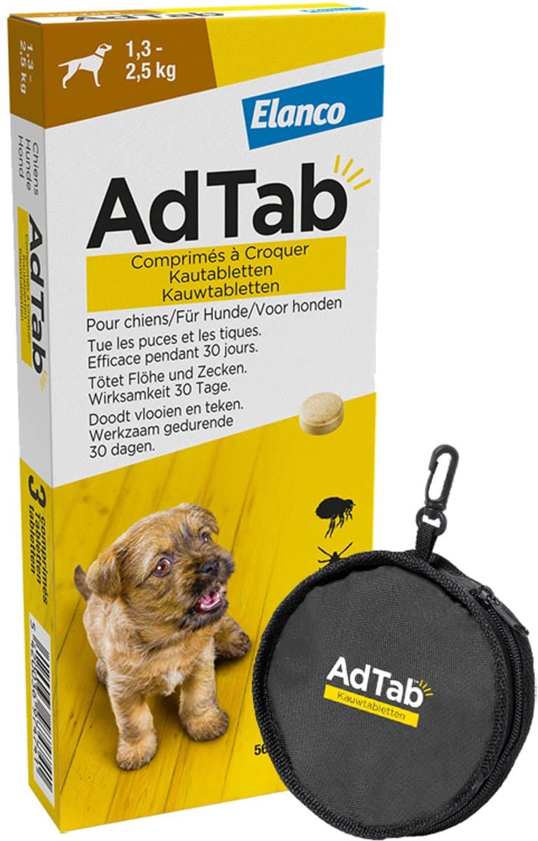 AdTab Vlooien Tabletten Hond - 1.3 tot 2.5 kg - 3 tabletten tegen vlooien en teken hond + Gratis Foldable Bowl