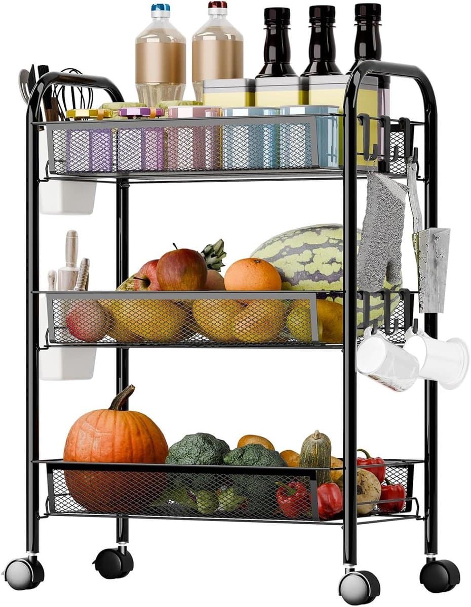Opbergkar - Winkelwagen Mand - Keuken Organiseren - 5 Lagen Gaasmanden - 104 cm Hoog - Zwart
