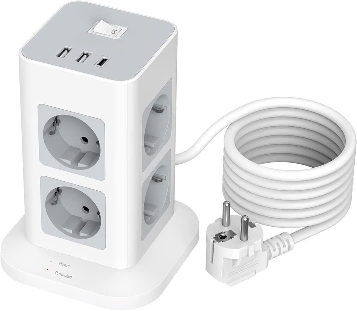 Intelectro Stekkertoren - Krachtig, Veilig en Stijlvol - 8 Stopcontacten en 3 USB Poorten - 3600W - Overspanningsbeveiliging - Compact Design - 2m Lange Snoer - Makkelijk in Gebruik - Wit - Levering Sneller dan Aangegeven!