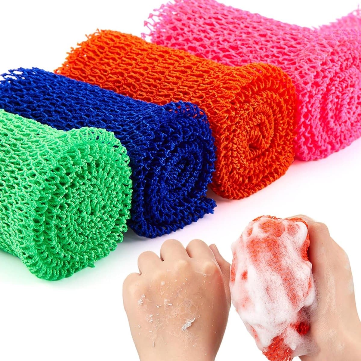 Set van 4 Afrikaanse Peeling Netten, Lange Mesh Bad Spons voor een Gladdere Huid, Ideaal voor Lichaamsverzorging (65 × 20 cm, Diverse Kleuren)