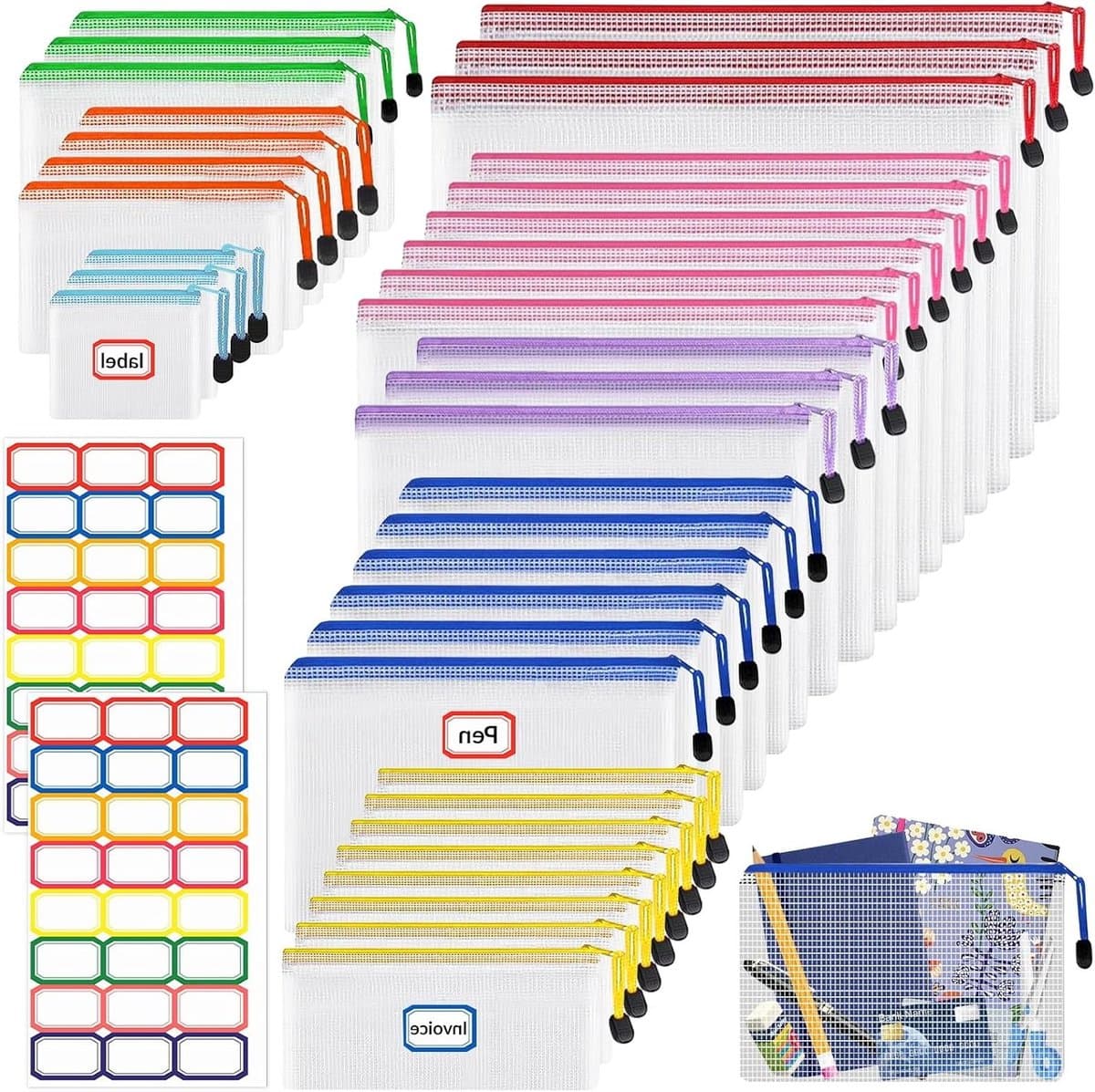 Set van 36 Waterdichte Document Compartimenten met Rits, Mesh Zip Zakjes voor School, Kantoor en Cosmetica (Kleurrijk, 8 Maten)