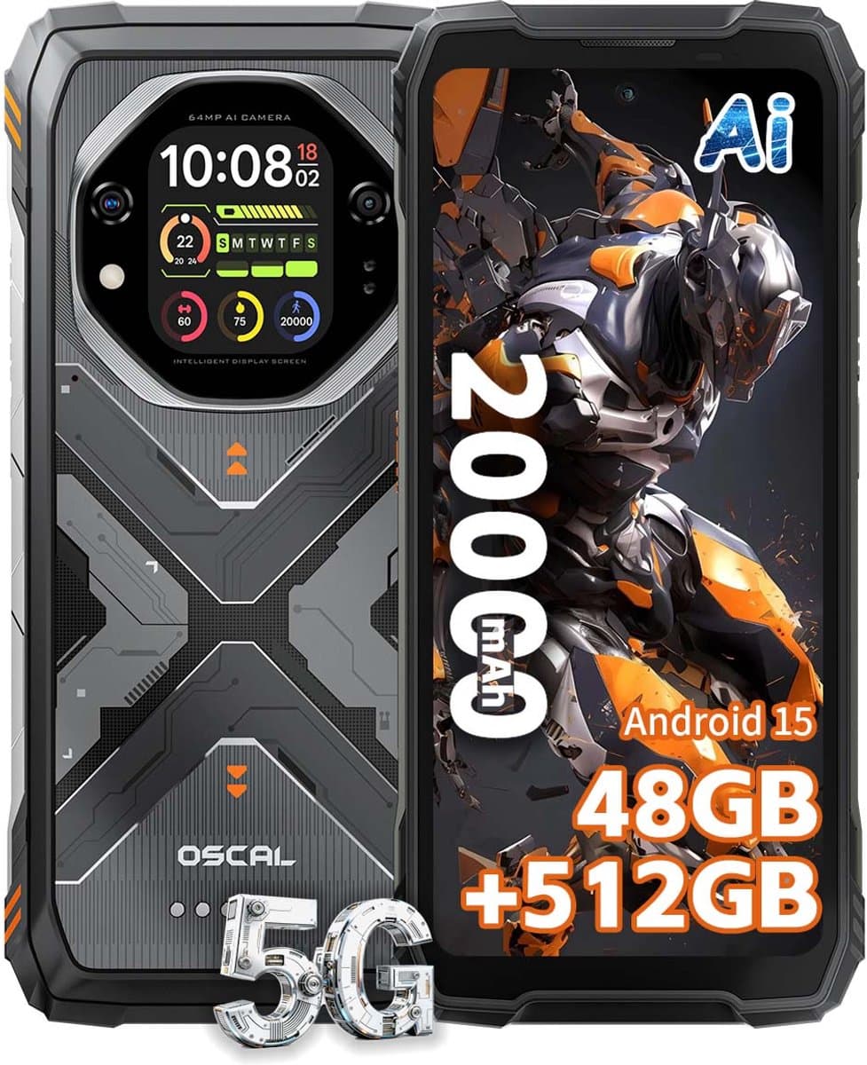 OSCAL TANK 1 Robuuste Smartphone 5G - 48GB RAM - 512GB ROM - 6,78 inch 2,4K FHD+ 120Hz - 20000mAh - 64MP + 50MP Camera, 20MP Nachtzicht - 170LM Dubbele LED-lamp - 100dB luidspreker - IP68/IP69K Outdoor Telefoon - Android 15 - NFC GPS - Oranje