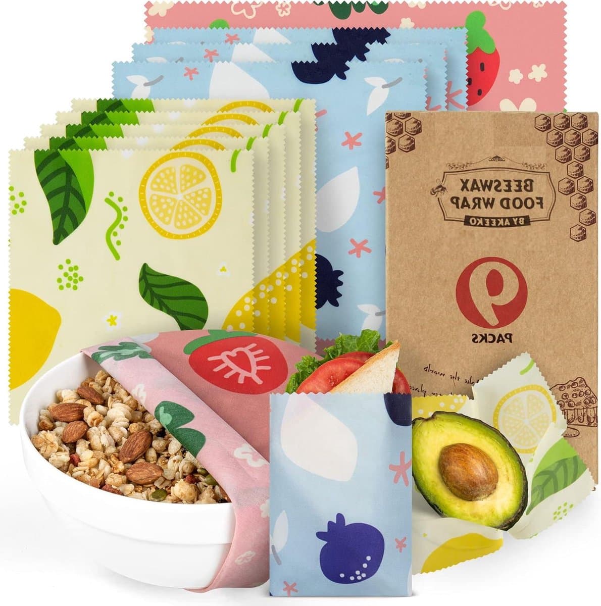 Herbruikbare voedselwraps - Bijenwas wraps - Voedsel bewaren - Biologisch katoen - 9 verpakkingen - Assorti