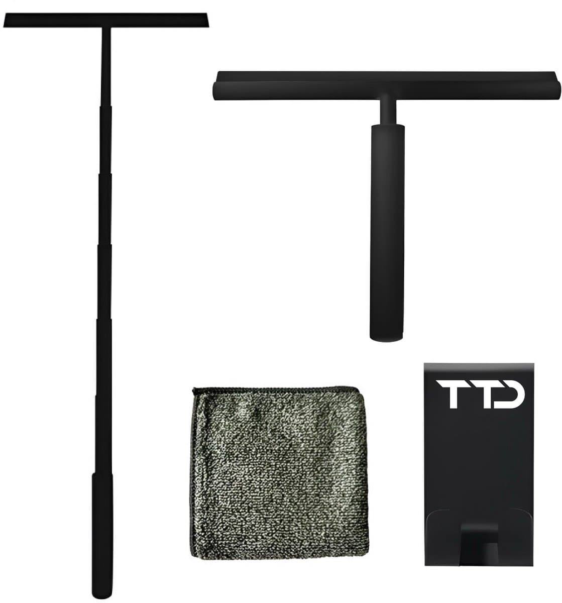TTD® Douchewisser 2-in-1 met Uitschuifbare Lange Steel - 97 cm - Siliconen Wisserblad - Ergonomisch - Met Microvezeldoek en Ophanghaak - Douche Trekker - Vloerwisser Badkamer - Vloertrekker - Zwart