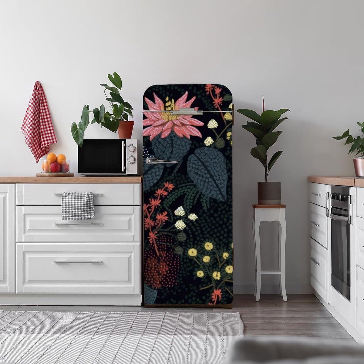 Dailygoody - Zelfklevende Vinyl Koelkast Wrap - 56 x 163 cm - Zwarte Bloemen - Makkelijk aan te brengen en te verwijderen - Ideaal voor keuken decorat