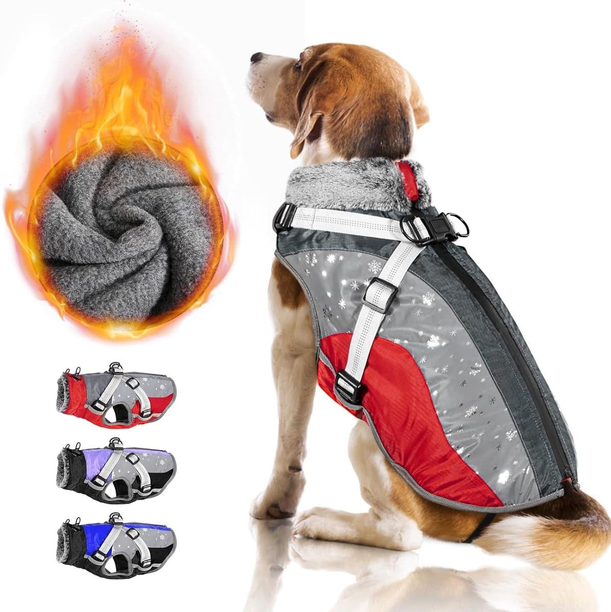Hondenjas met Harnas - Hondenvest Winterjas - Hond Uitlaten - Waterdicht Fleece - L (Borst 51-59CM) - Rood-Grijs