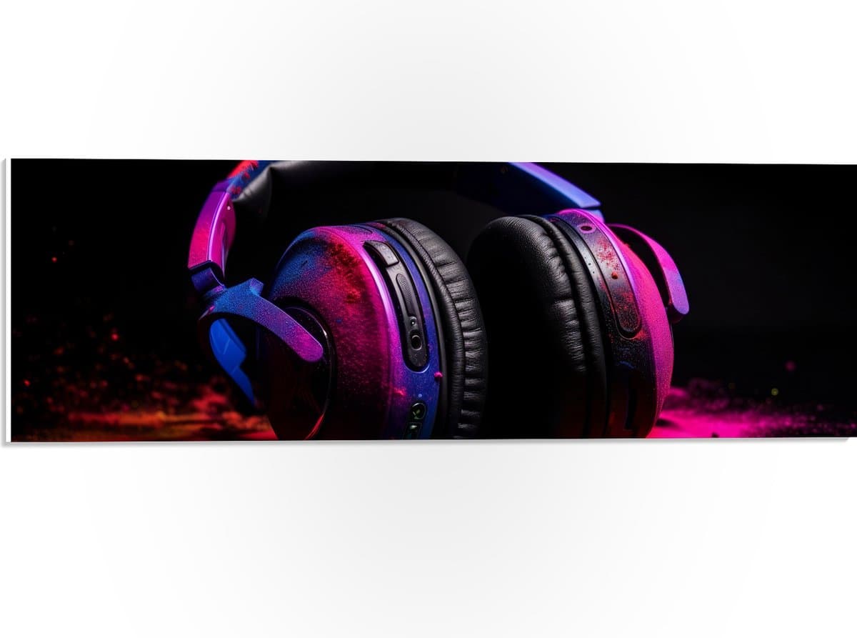 PVC Schuimplaat - Zwarte Koptelefoon Bedolven onder Neon Kleurig Poeder - 60x20 cm Foto op PVC Schuimplaat (Met Ophangsysteem)