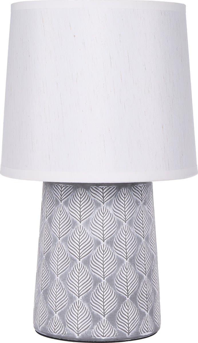 BRUBAKER Tafellamp bedlampje - 33 cm - grijs - keramiek lampvoet - blad ornamenten - linnen kap wit