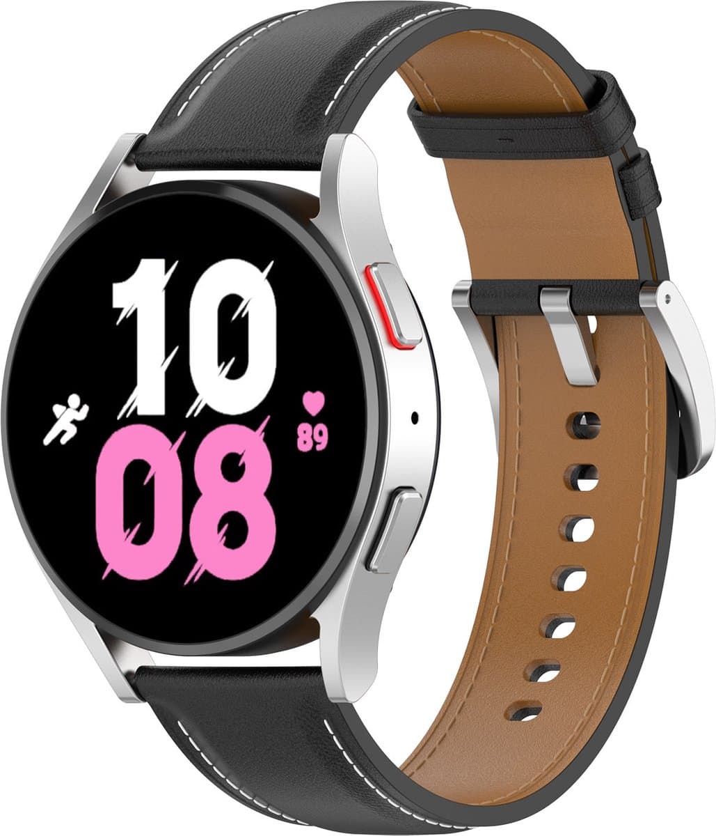 By Qubix - Luxe leren bandje 20mm - Zwart - Geschikt voor Samsung Galaxy Watch 7 (40 & 44mm) - Galaxy Watch FE - Galaxy Watch 6 - Galaxy Watch 6 Pro - Galaxy Watch 5 - 5 Pro - Galaxy Watch 4 - 4 Classic - Active 2 - Watch 3 (41mm)