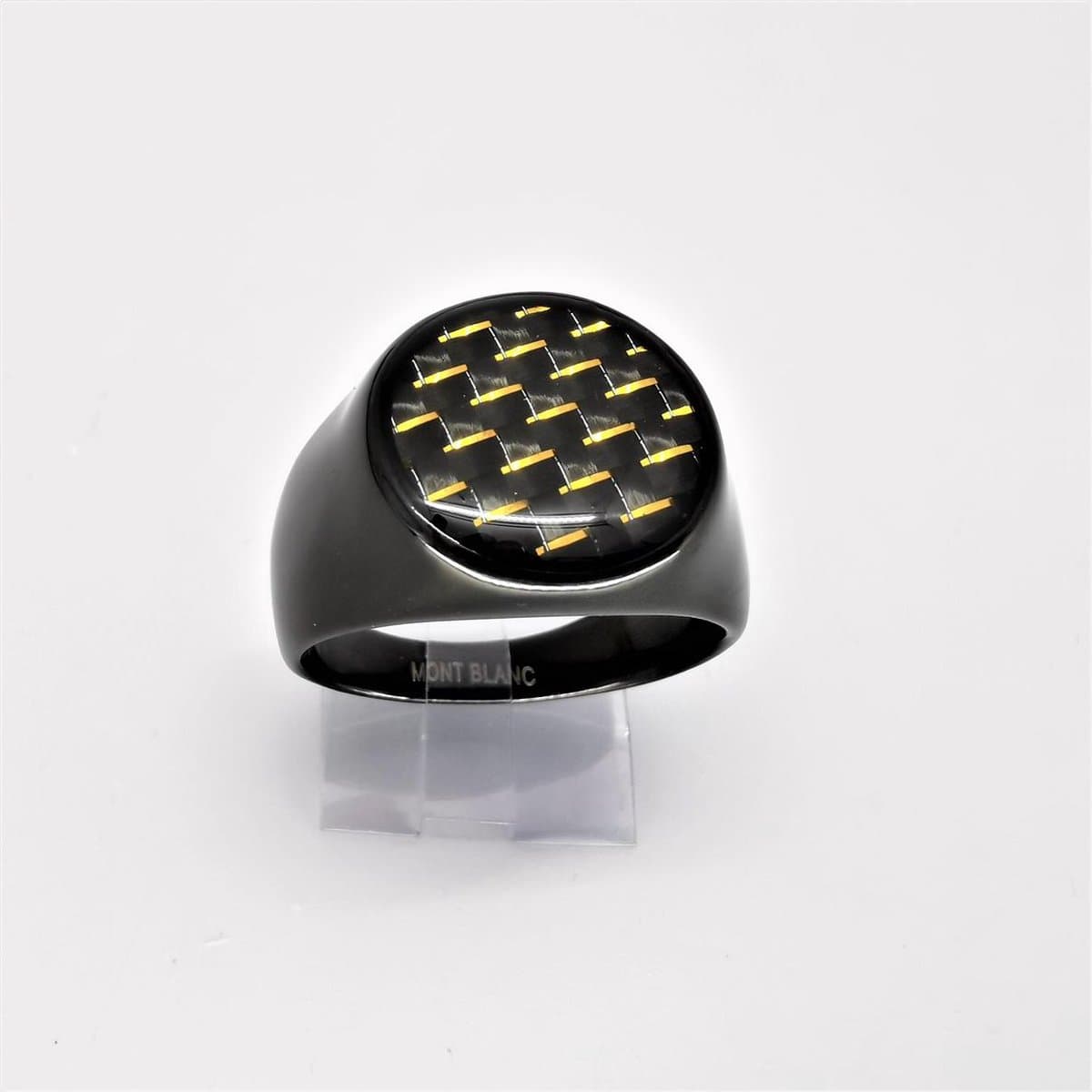Schitterend - Stoer - heren - RVS zwart met goudgeel kleur golven motief zegelring, zeer apart ring, maat 22