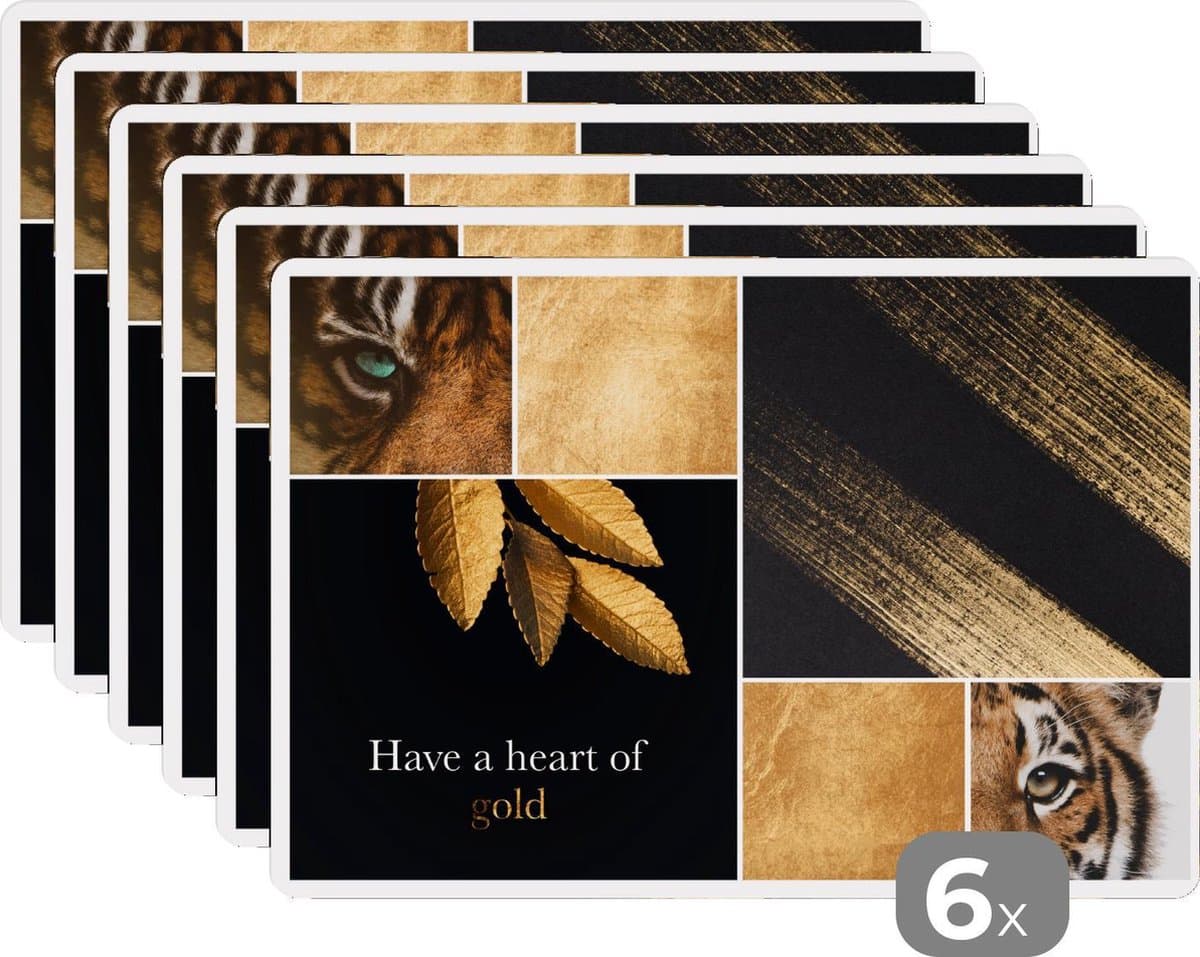 Placemat - Placemats kunststof - Collage - Tijger - Goud - Bladgoud - 45x30 cm - 6 stuks - Hittebestendig - Anti-Slip - Onderlegger - Afneembaar