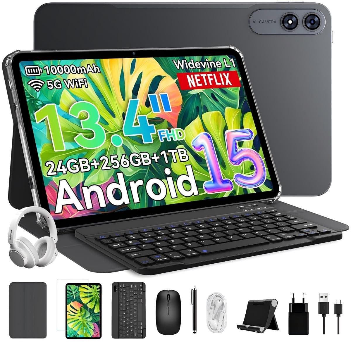 TABWEE Tablet - T60 Pro Tablet - 10000 mAh - 13.4 Inch FHD - met over-ear hoofdtelefoon - 24GB RAM - 256GB ROM - Android 15 Tablet - SD 2TB - 5G WIFI - Grijs