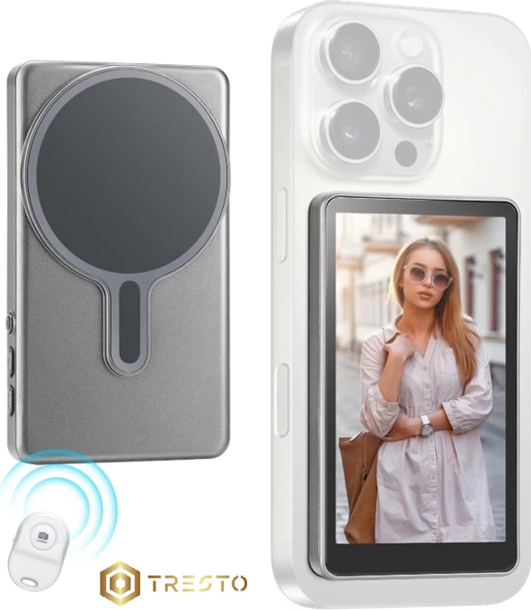 TRESTO - Selfie Vlog Monitor voor iPhone & Android – Draadloos via WiFi – MagSafe – Met Afstandsbediening - Grijs