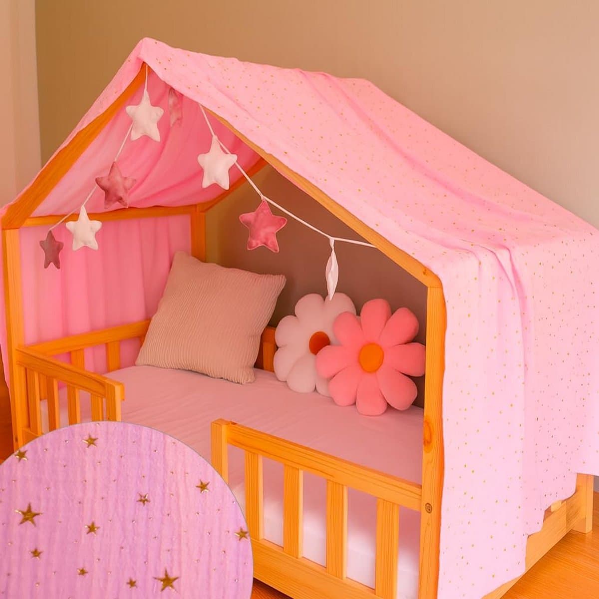 Bedhemel Hut voor Kinderkamer - 90x190 cm - 100% Katoen Mousseline met Sterren Slinger Roze