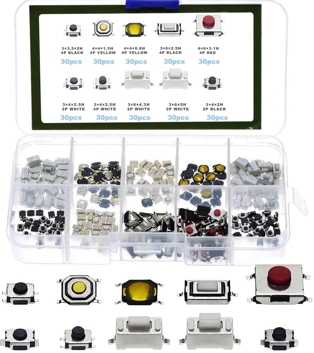 300 Stuks Micro Tactiele Drukknop Schakelaars - Variaties in Formaat voor Elektronische Projecten
