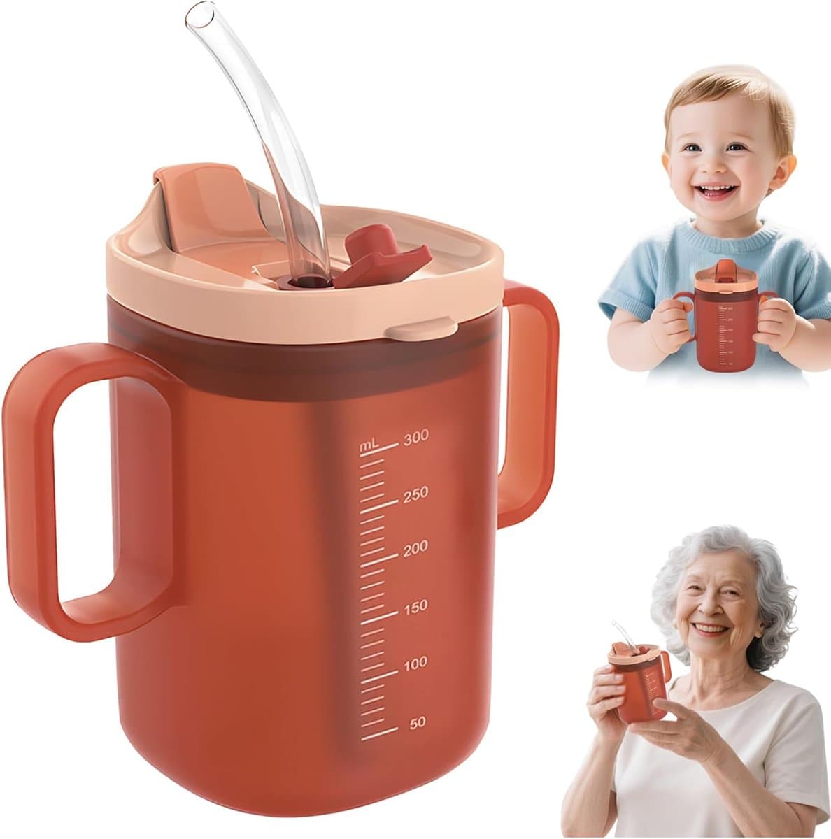 Drinkbeker met Tuit en Rietje voor Senioren - Anti-lek Beker met Dubbele Handgrepen - 300ml