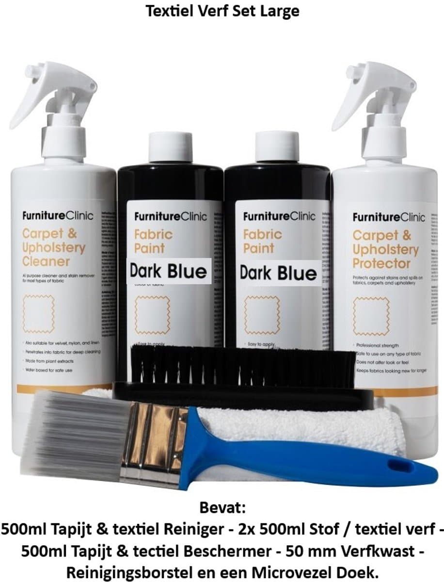 Stof Verf Set Large - Donker Blauw - Furniture Clinic - Herstel of verander de kleur van elke stof - Verf direct op stof - Transformeer alles - banken, lampenkappen, auto-interieurs