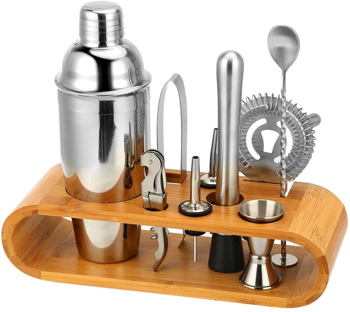 TOVBMUP Cocktailset - Cocktailshaker van roestvrij staal - Met houten standaard - Professionele barmanaccessoire - Voor thuis, bars en feesten - Zilver - 750 ml - Set van 10