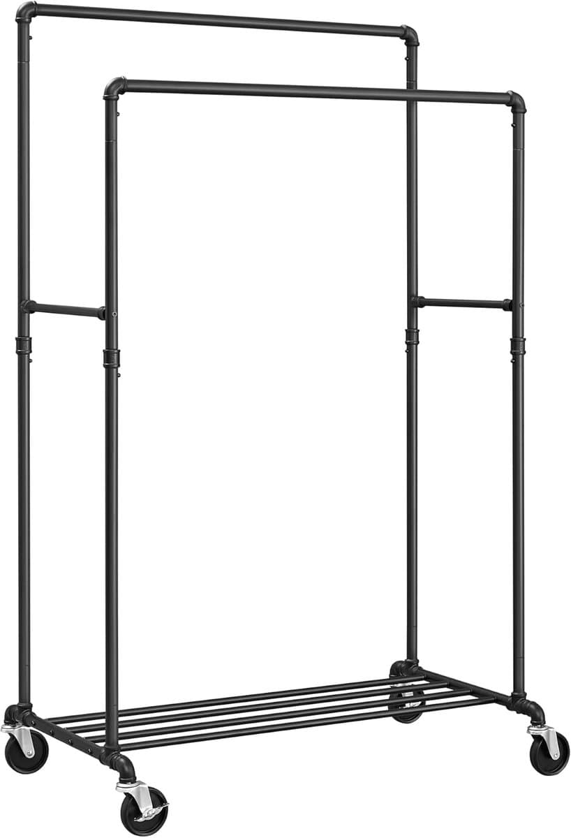 Conway Living® - Kledingrek op Wieltjes - Metaal - Verstelbaar - tot 130 kg - Industrieel design - Mobiele Kapstok - met 2 Kledingstangen - Zwart
