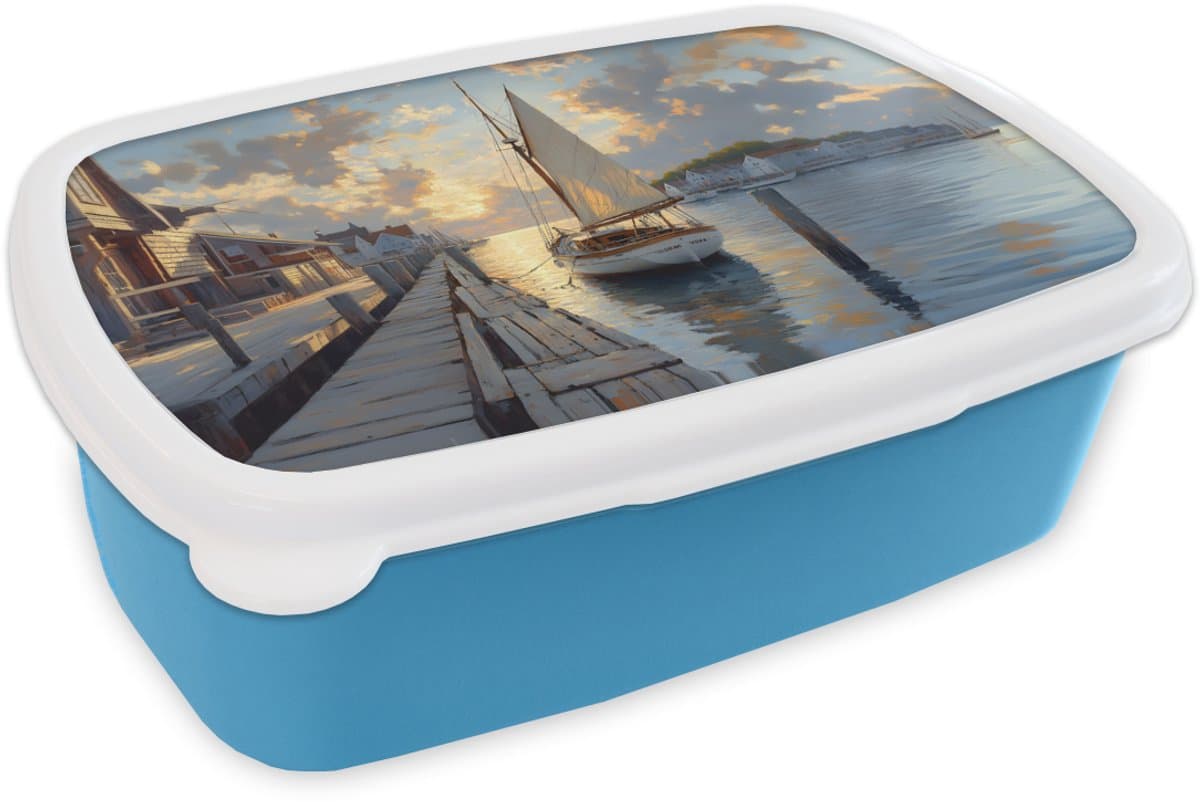 Broodtrommel Blauw - Lunchbox Zeilboot - Zon - Pier - Hout - Brooddoos 18x12x6 cm - Brood lunch box - Broodtrommels voor kinderen en volwassenen