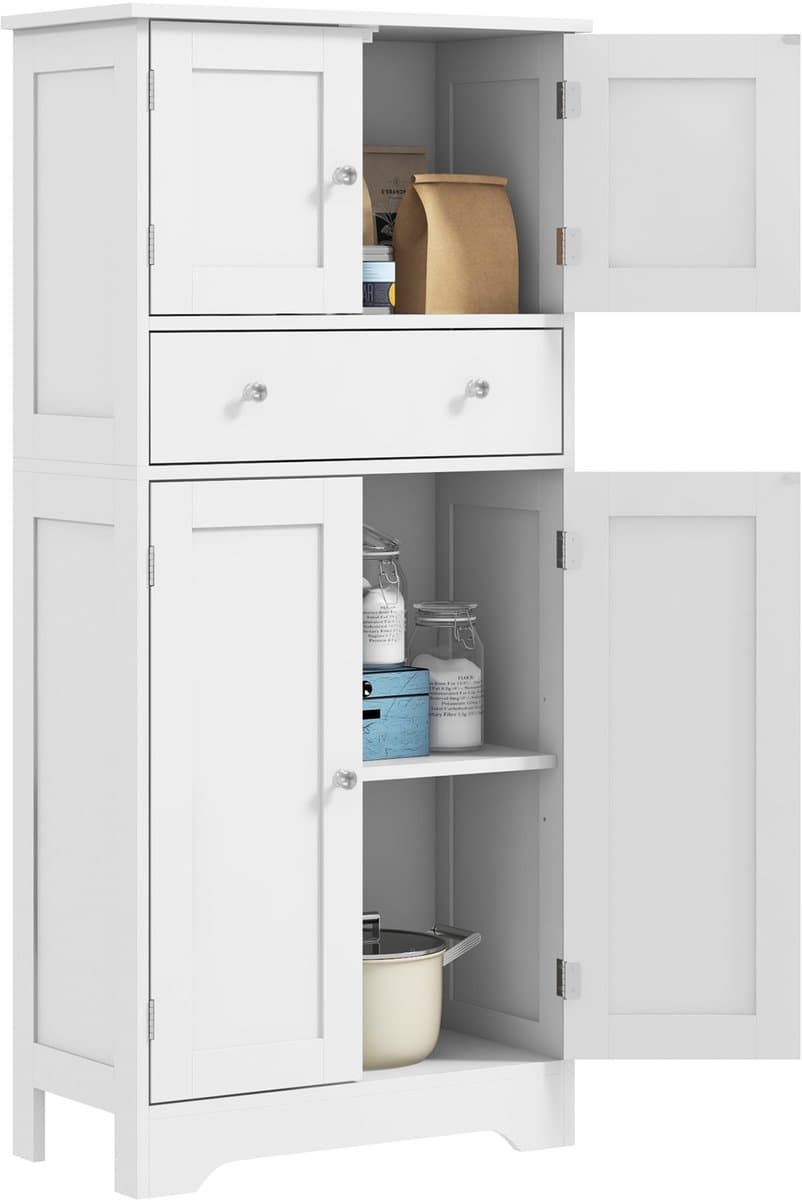 Staande opbergkast - met 1 lade en 4 deuren - keukenkast - met verstelbare legplanken - 60 x 30 x 128 cm - wit