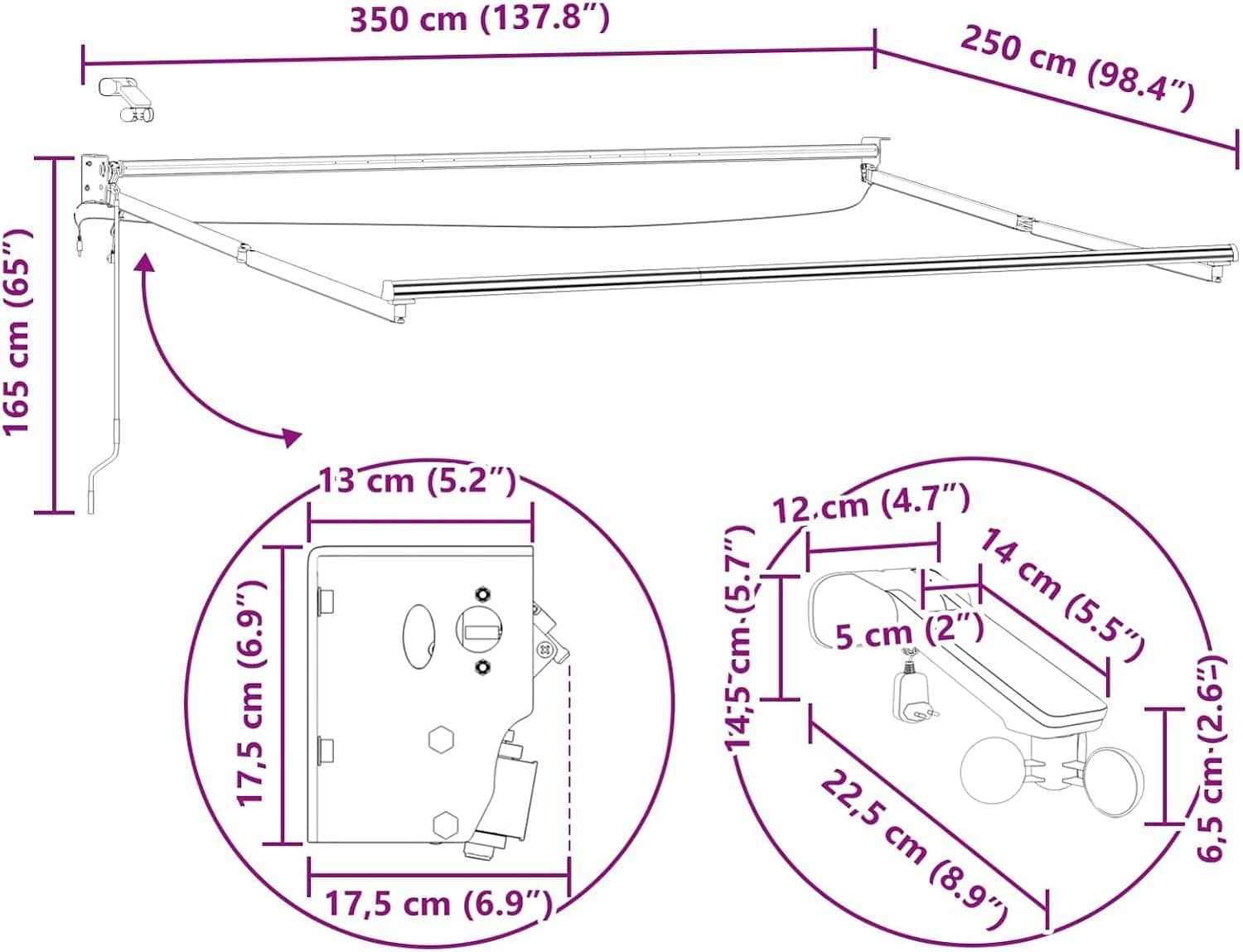 Luifel, 3,5 x 2,5 m, met weersensor, polyester met PU-coating, crème, antraciet frame voor terras