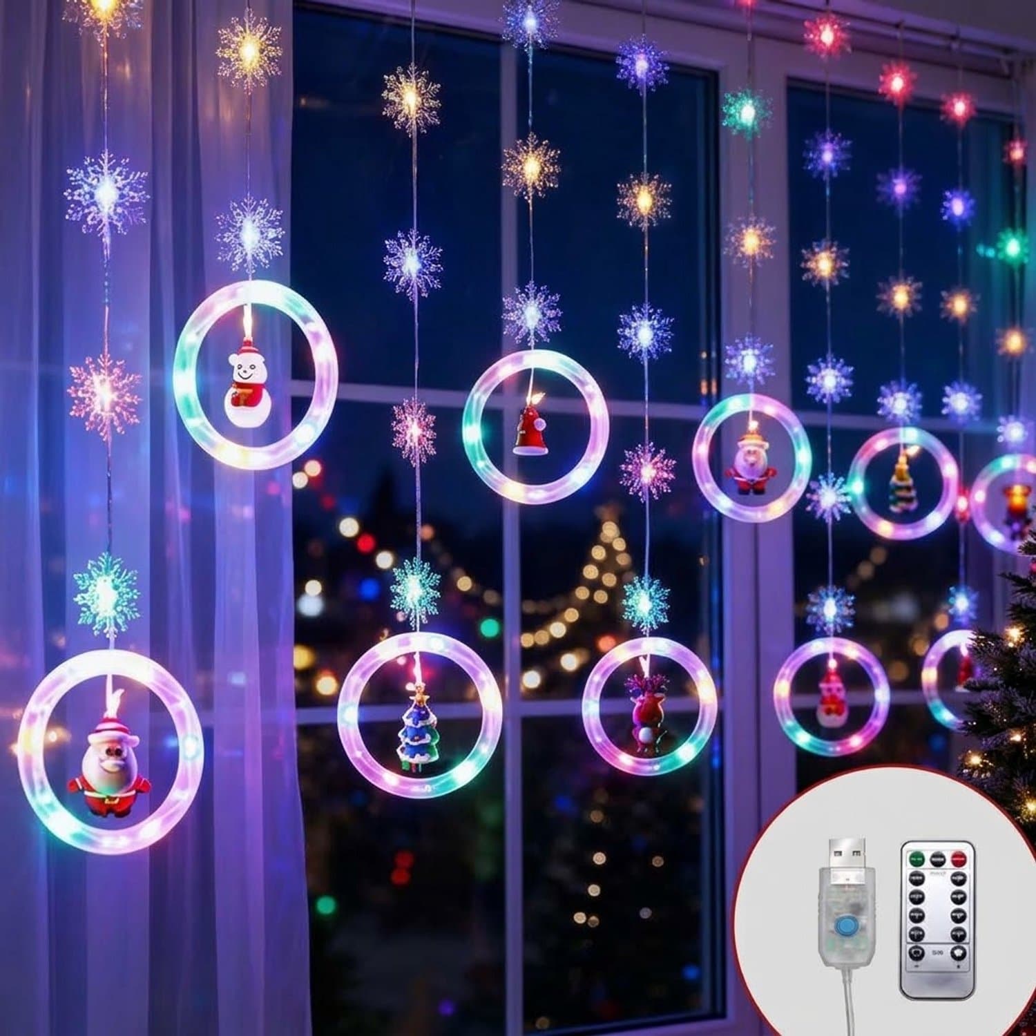 LED Kerst Lichtgordijn 3M – Christmas LED Kerstverlichting – kerst gordijnverlichting-Kerst Lichtslingers met 40 Sneeuwvlokken -8 Lichtstanden met Timer & Afstandsbediening –met Batterij- Multicolour