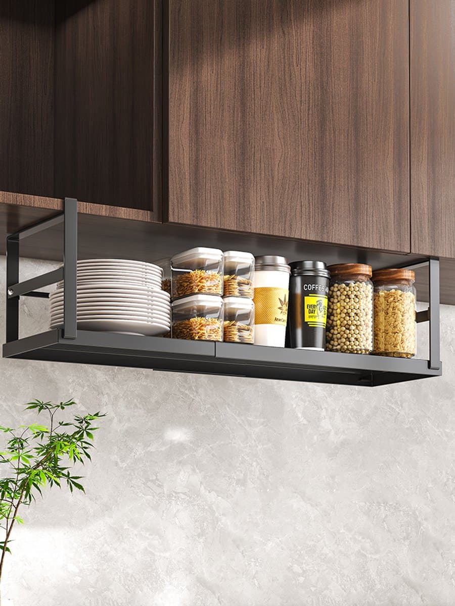 OUYLAF XXL keukenkast organizer Hangende opberger, hangmand voor onder de kast, Metaal mandje, Uittrekbare hangmandje onder keukenkast, Uitschuifbare opbergmand voor onder de plank, ophangen zonder boren, Zwart