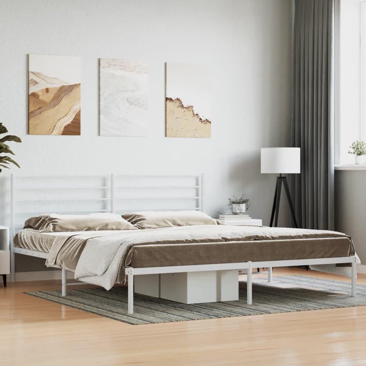 Bedframe met hoofdeinde metaal wit 183 x 213 cm Telaio per camera da letto dell'hotel Cornice da letto per soggiorno Adatto per Camera da letto