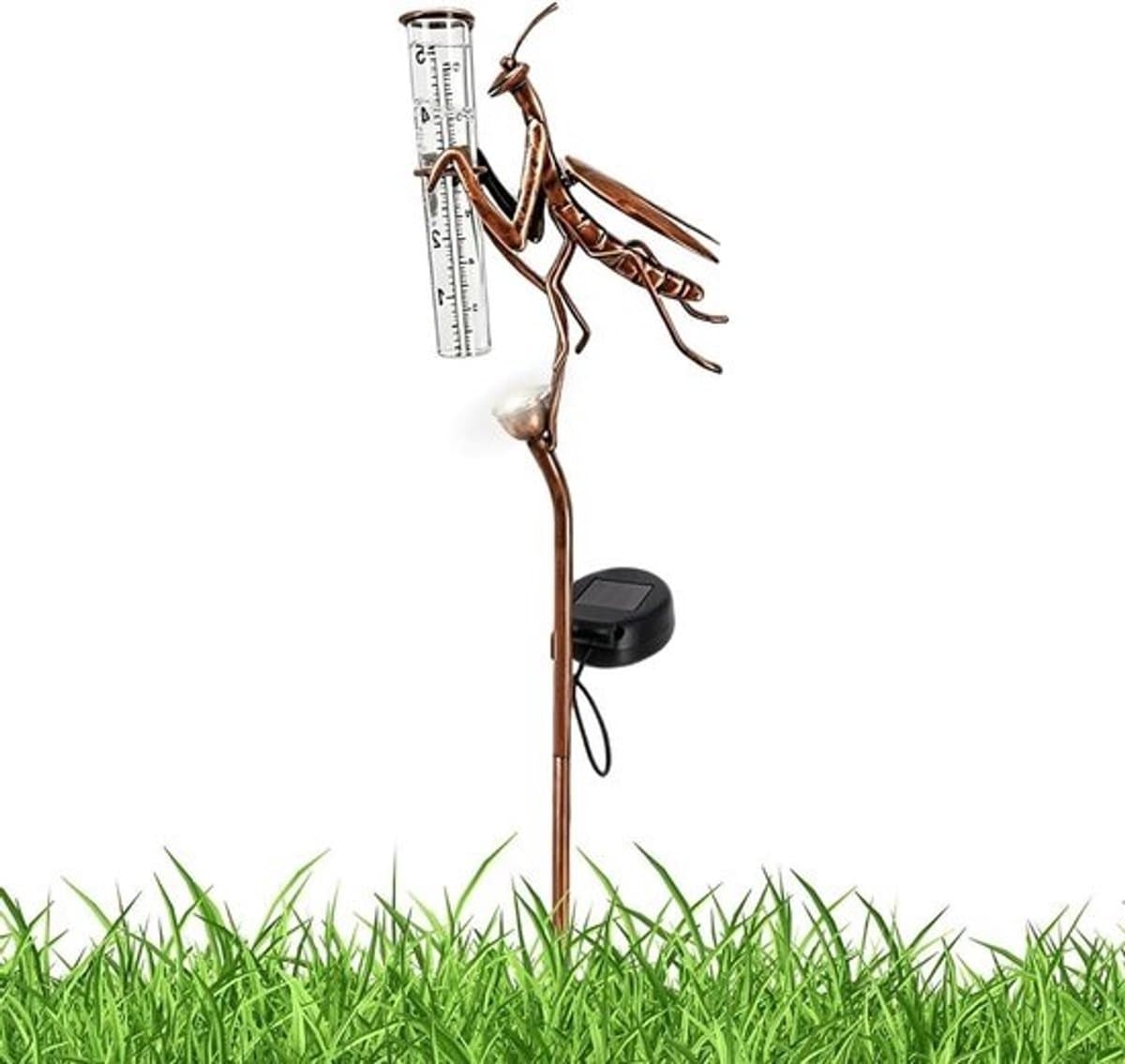 Regenmeter in sprinkhaanvorm - Tuindecoratie met weermeter - Neerslag monitoren - Verlichting op zonne-energie - 335 x 14 x 65 cm - Zwart