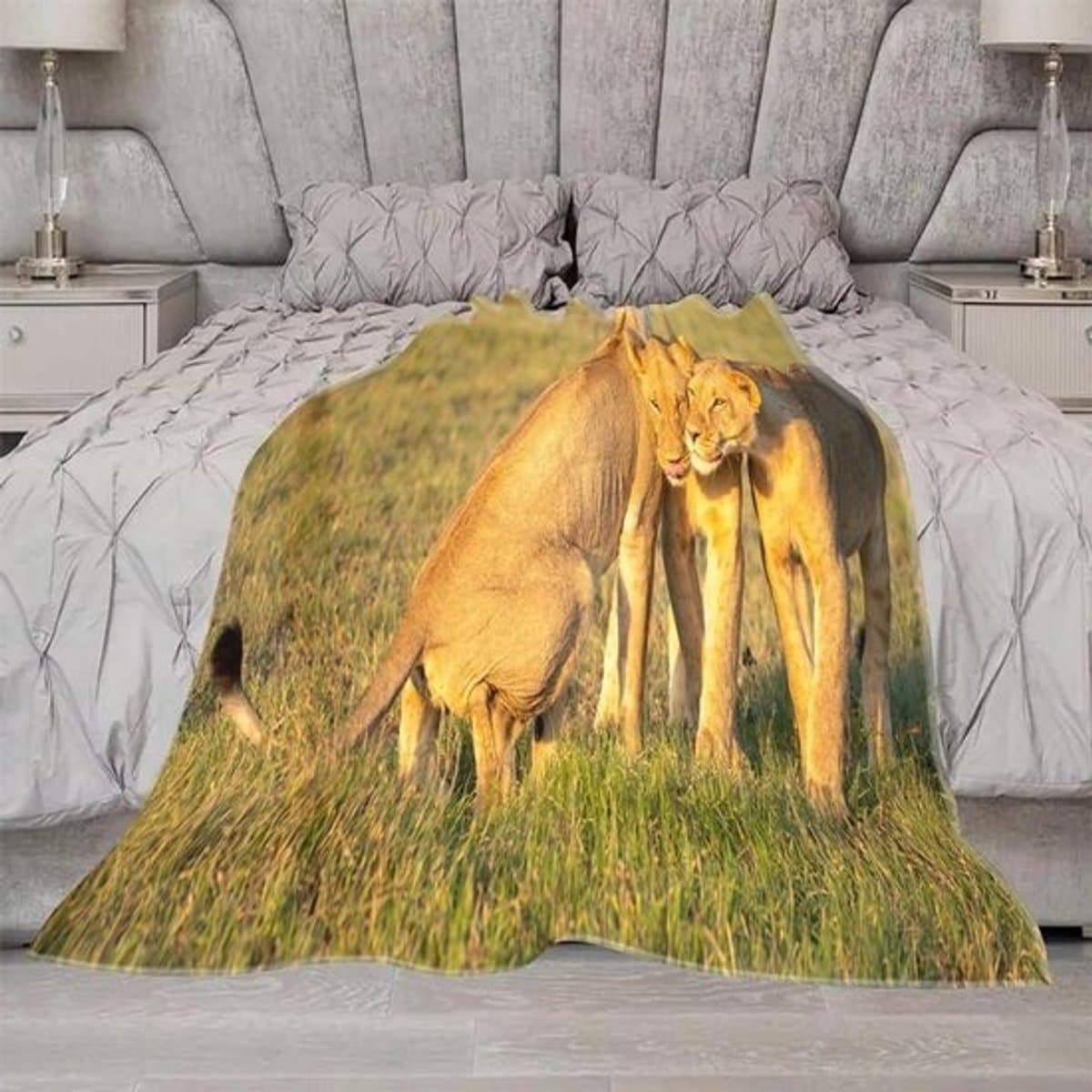 Flanellen Deken Leeuwen - Deken Plaid - Comfort Thuis - Wildlife Print - 80x150 cm - Grijs