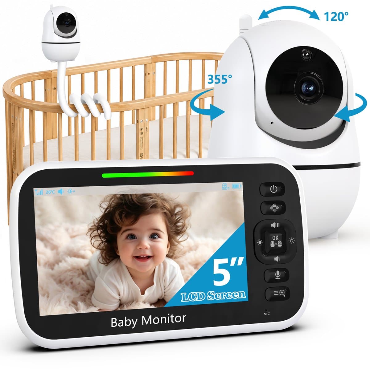 FOSMET Babyfoon - Baby Monitor - Baby Camera - Uitbreidbaar Tot 4 Baby Camera's - Zonder Wifi en App - Terugspreekfunctie - 5 Inch HD Scherm - 355° Draaibare - Kantelbare Babycamera - FHSS Connectie - 300M Bereik - Nachtvisie - Incl. Houder - Wit