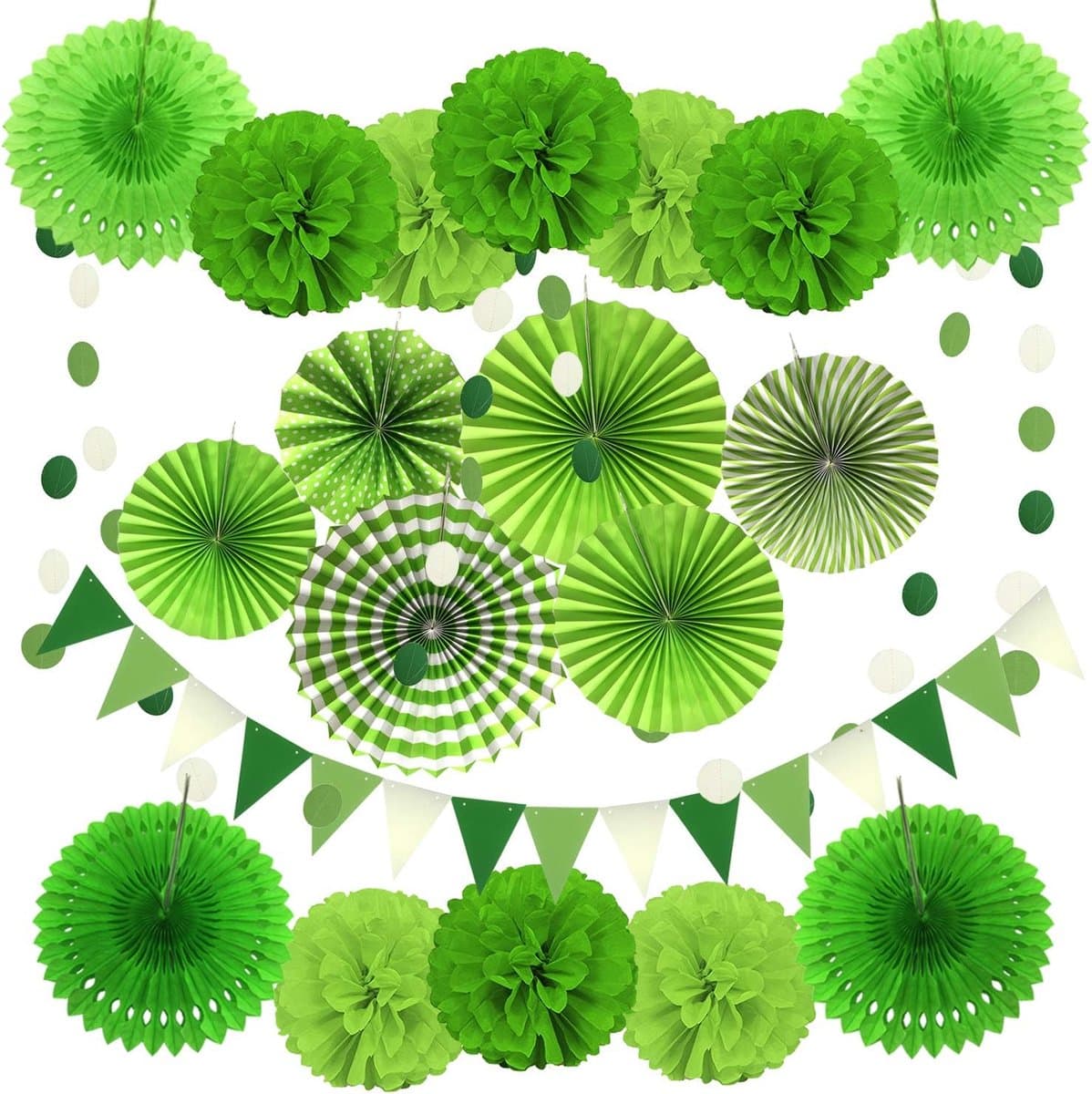 Papieren pompons, hangende waaiers, driehoekige wimpels, hangende glitters, stippen, slingers, decoratief papier, voor feest, bruiloft, verjaardag, festival, Kerstmis, evenementen en carnaval, 21 stuks