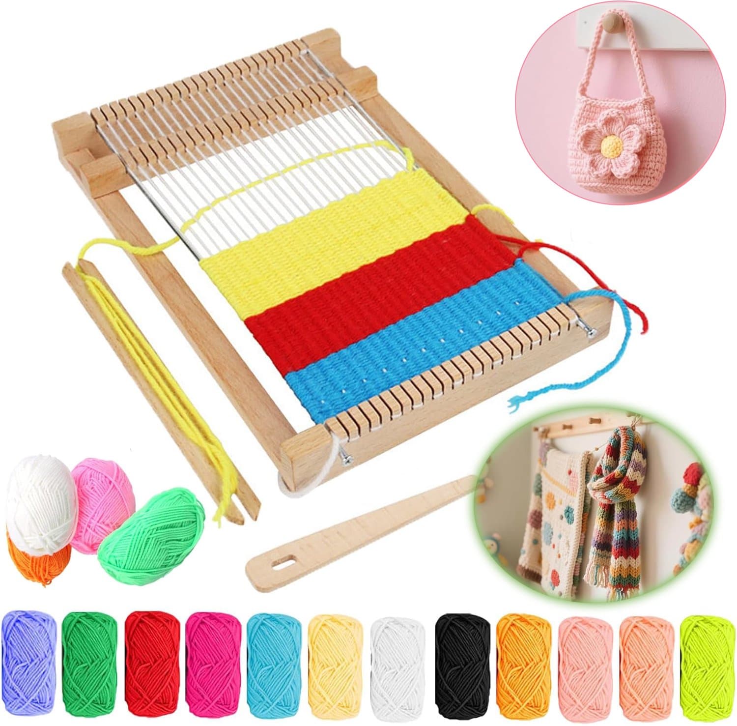 Weefgetouw Voor Kinderen - Weefgetouw Garenpakket - Kinderweefframe - Houten Weefgetouwset - Geschikt Voor Beginners En Kinderen