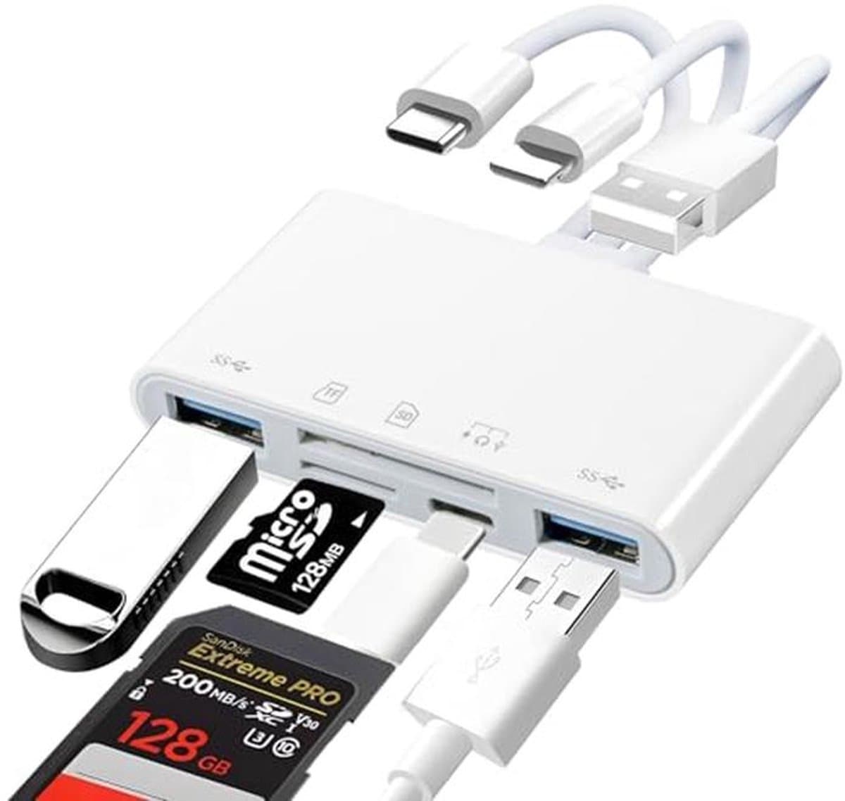 8-in-1 multifunctionele SD-kaartlezer met USB en USB-C poort voor telefoon, tablet en pc