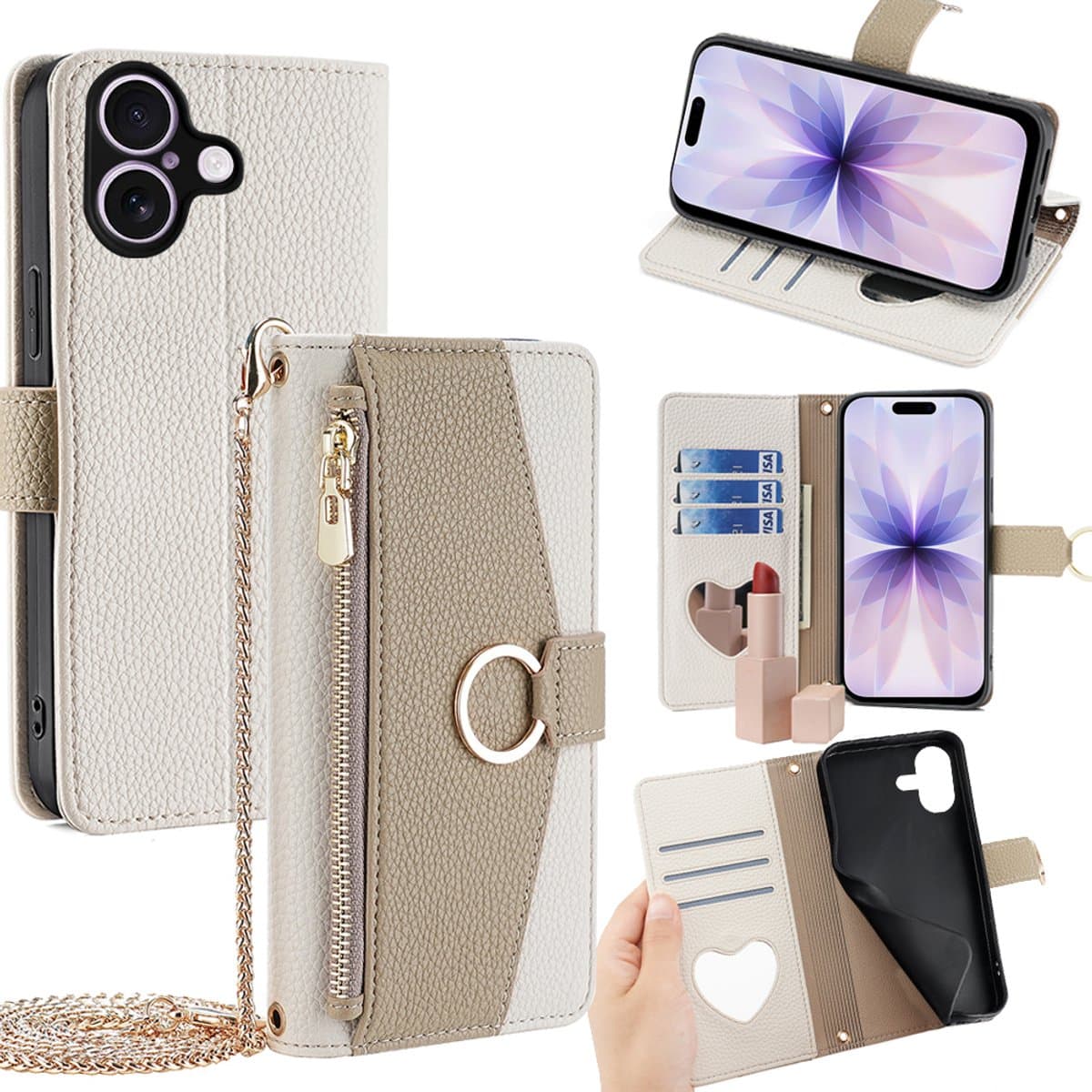 Modieuze Wallet Case – Geschikt voor Apple iPhone 17 – Luxe Telefoonhoesje met Polsband en Schouderkoord - Wit