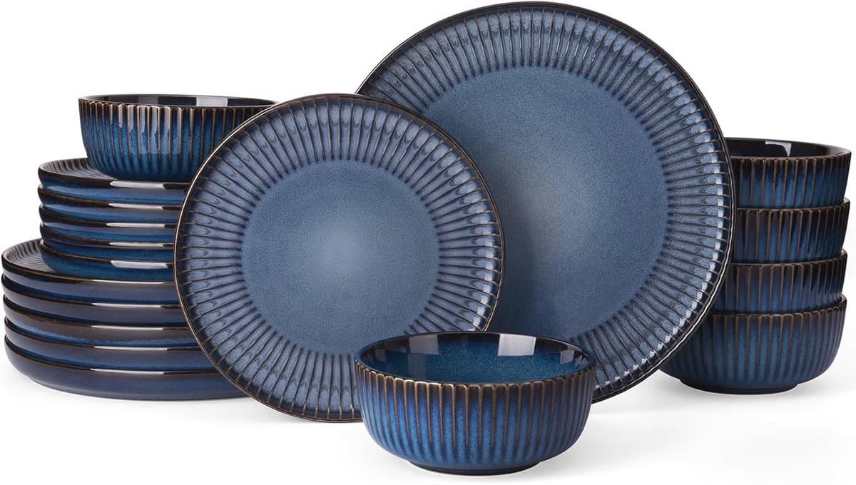 18-delige servies set voor 6 personen - geribbeld servies, vaatwasser en magnetronbestendig, antikras, blauw