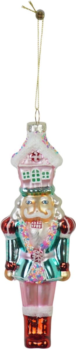 Housevitamin Kersthanger Notenkraker met Snoephuisje – Glas Wit/Roze – 5,5x4x17,5cm – Kerstversiering Ornament – Candy Pastel Kerstdecoratie