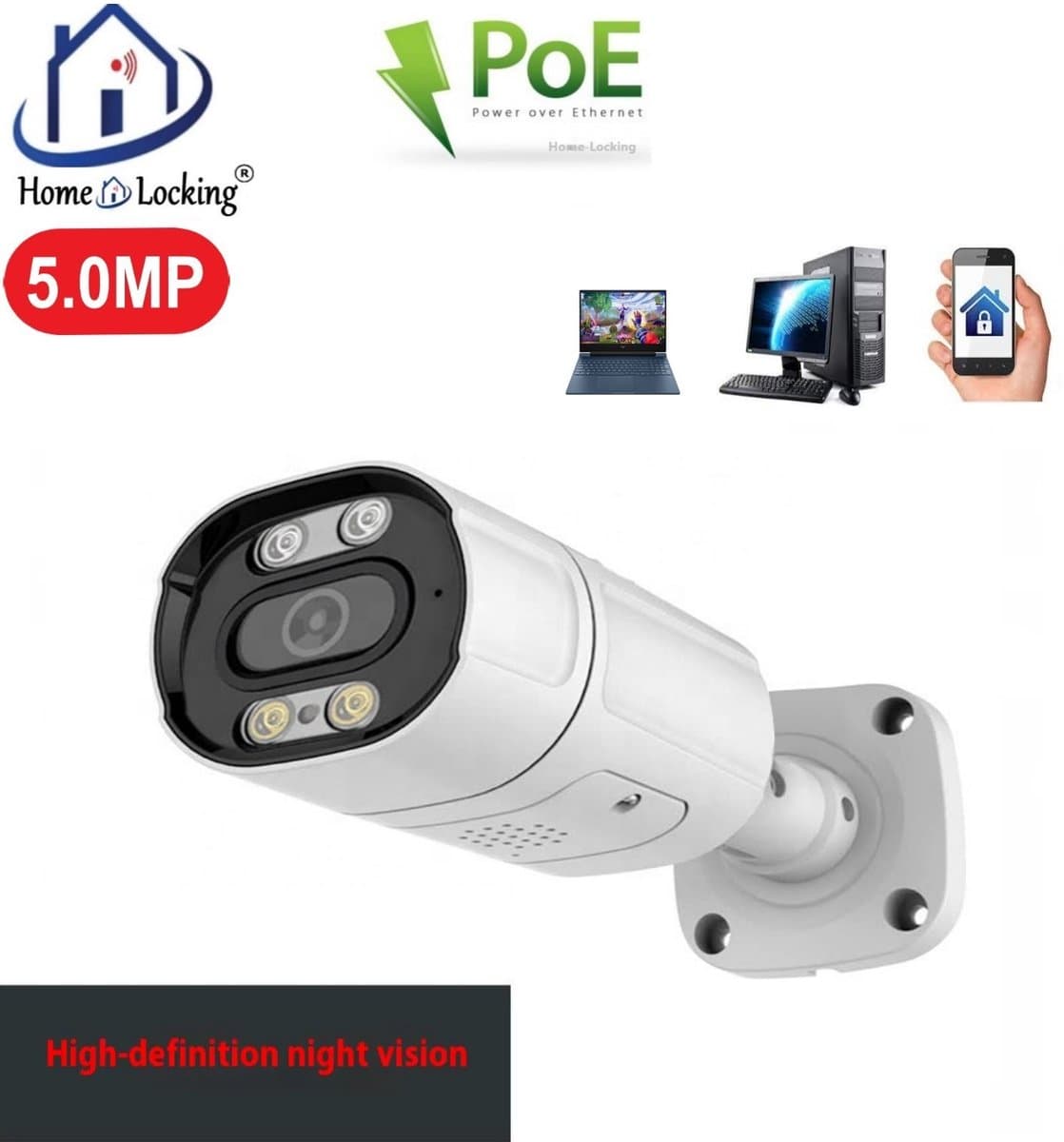Home-Locking IP-camera PoE met bewegingsdetectie + microfoon Full Color Night Vision 5.0MP. C-1270